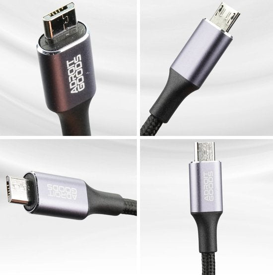 Close-up van vier hoeken van een gevlochten zwart laadkabel met metalen AdroitGoods connectoren