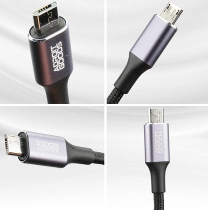 Close-up van vier hoeken van een gevlochten zwart laadkabel met metalen AdroitGoods connectoren