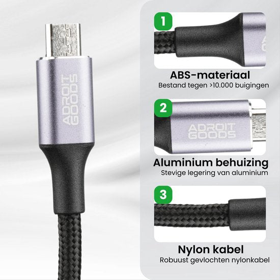 Micro-USB kabel met ABS-hoes, aluminium behuizing en gevlochten nylon kabel voor duurzaamheid