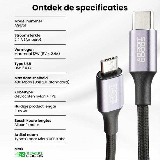 Zwarte nylon kabel met Type-C en Micro USB aansluiting en technische specificaties weergegeven