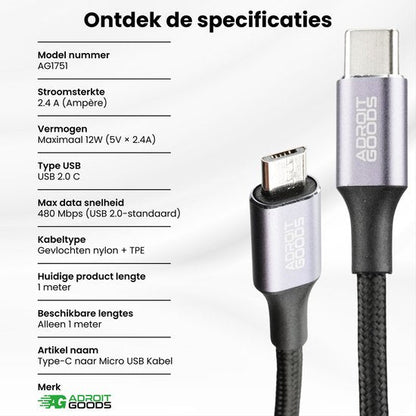 Zwarte nylon kabel met Type-C en Micro USB aansluiting en technische specificaties weergegeven