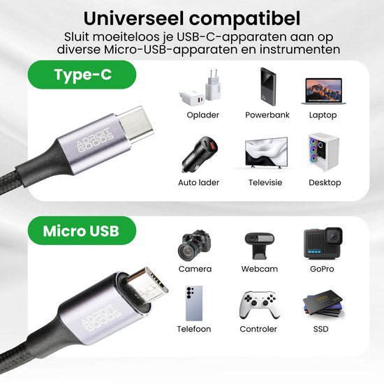 AdroitGoods USB Type-C en Micro USB kabels met compatibiliteit voor diverse apparaten en accessoires