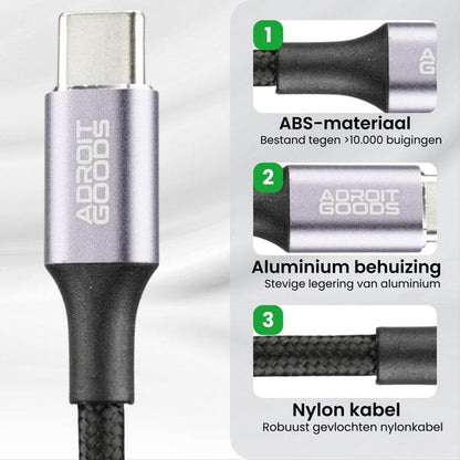 USB-C kabel met ABS-materiaal, aluminium behuizing en gevlochten nylon kabel voor duurzaamheid