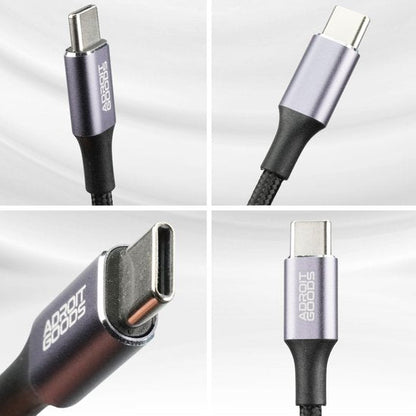 close-up van paars metallic usb-c kabel met geweven zwarte buitenkant en merknaam adroit goods