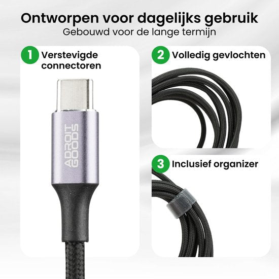 Dichtbij van een gevlochten zwarte USB-C kabel met stevige connector en organizer bandje