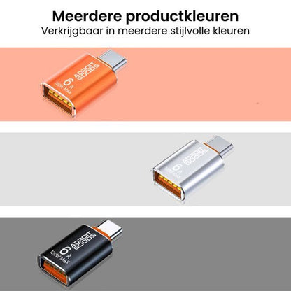 Drie verschillende kleuren type C naar USB adapters in oranje, zilver en zwart helder afgebeeld.