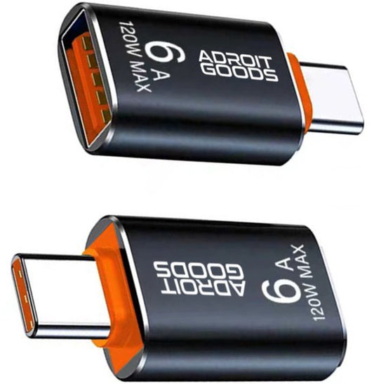 twee zwarte usb-c adapters met oranje accenten en 6A 120W max branding adroit goods