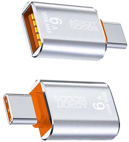 Adapter met USB-C aansluiting en zilverkleurige behuizing van AdroitGoods, 6A 120W maximaal