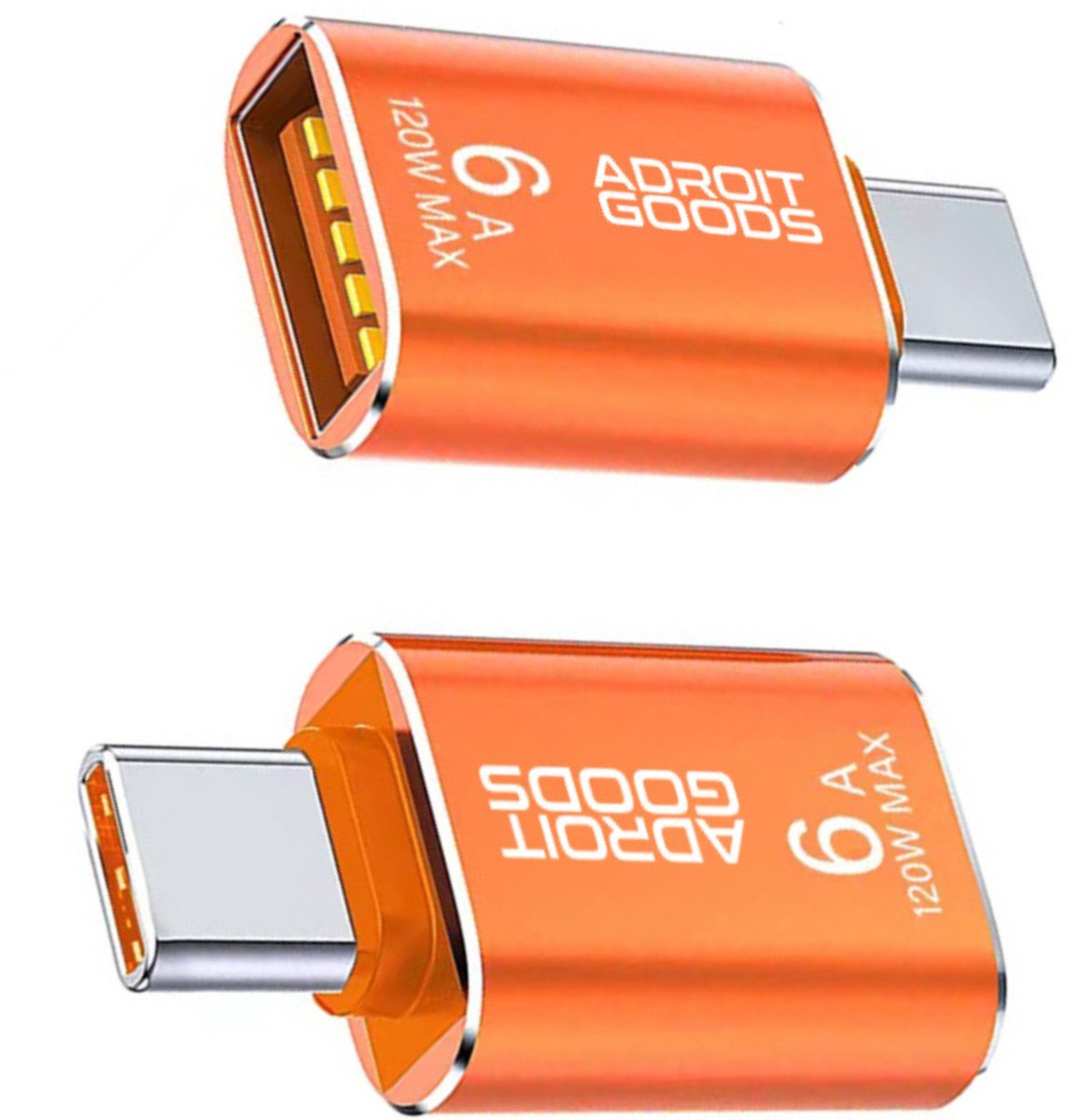 Oranje USB-C naar USB adapter met 120W vermogen en 6A stroomsterkte van AdroitGoods
