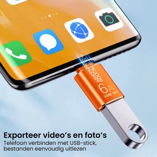 Smartphone verbonden met een oranje USB-stick voor snelle gegevensoverdracht en media-export.