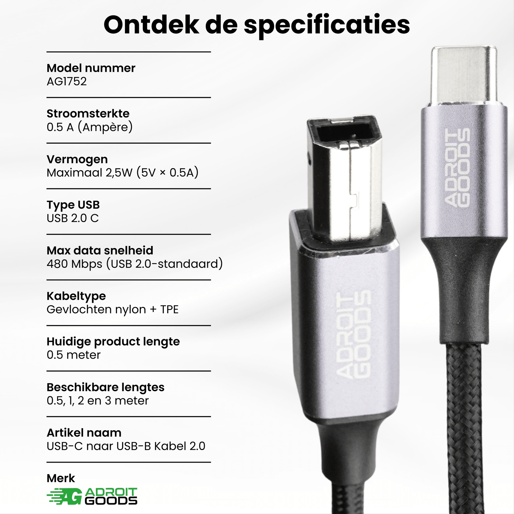 USB-C naar USB-B kabel met gevlochten nylon en TPE, grijze connectoren van AdroitGoods