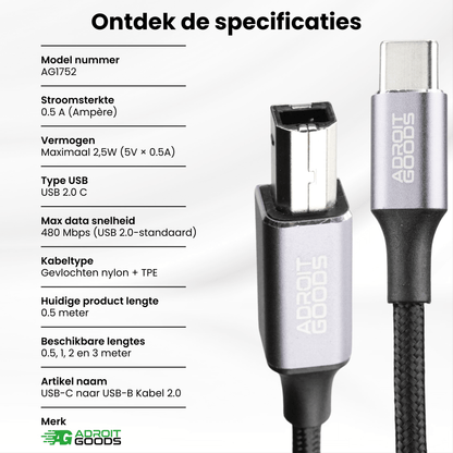 USB-C naar USB-B kabel met gevlochten nylon en TPE, grijze connectoren van AdroitGoods