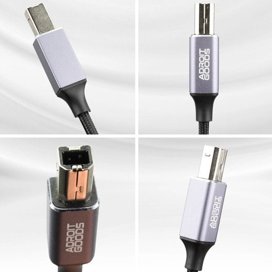 Vier close-up beelden van een paars USB-kabeluiteinde met zwarte geprofileerde kabel en AdroitGoods logo.
