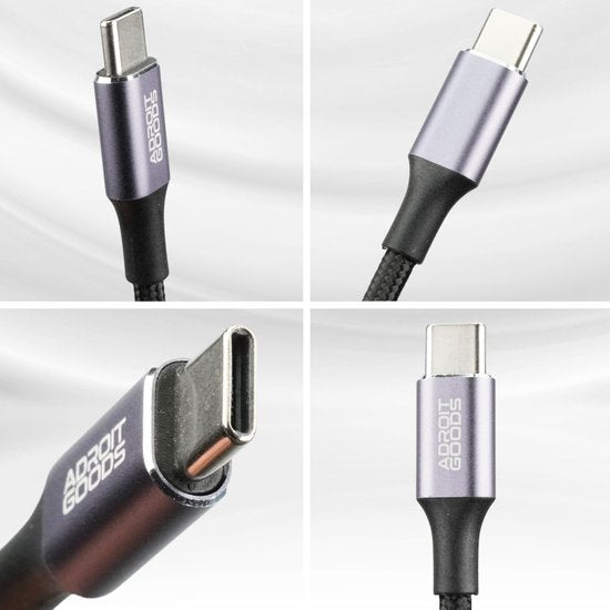 close-up van paars metalen usb-c kabel met gevlochten zwarte buitenkant en merknaam