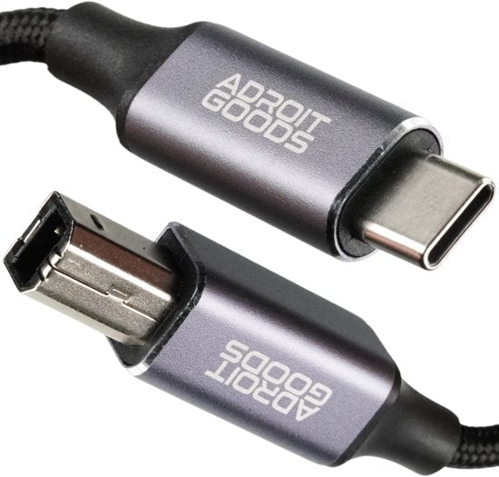 close-up van zwart AdroitGoods kabel met usb type-c en mini-usb connectoren