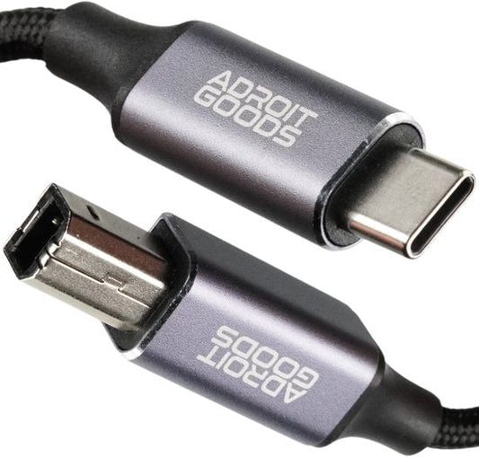 close-up van zwart AdroitGoods kabel met usb type-c en mini-usb connectoren
