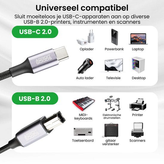 USB-C en USB-B kabels met compatibiliteit voor laptops, printers, instrumenten en scanners