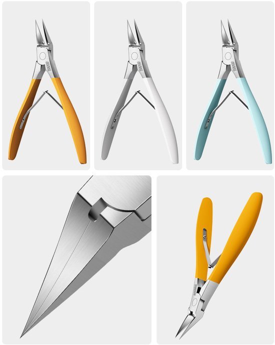 Drie punttangen met gekleurde handvatten in geel, wit en blauw, gefotografeerd vanuit meerdere hoeken.