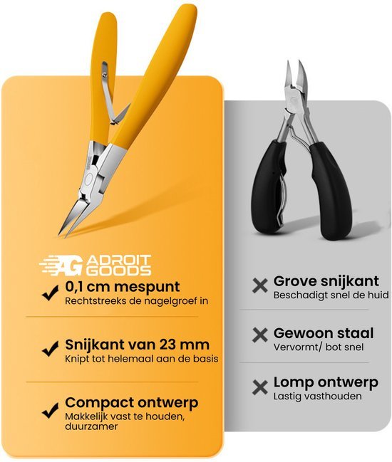 Nagelknippertje met geel handvat en scherpe punt naast zwarte minder precieze nagelknipper