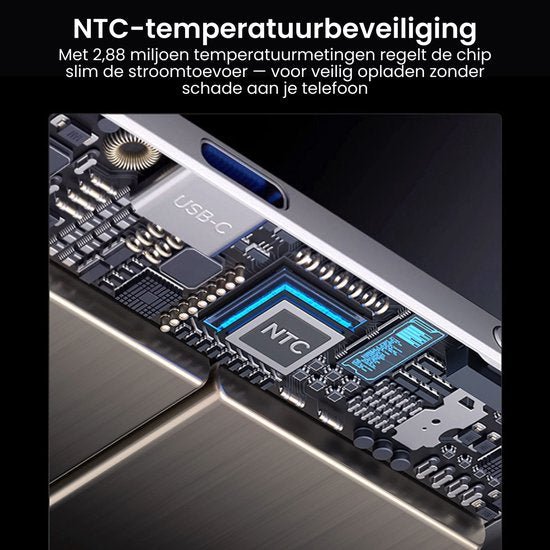 Close-up van een circuit met USB-C poort en NTC-chip voor temperatuurbeveiliging van apparaten.