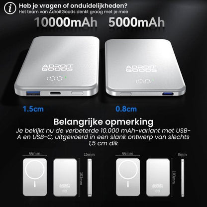 Twee slanke powerbanks met capaciteit 10000mAh en 5000mAh, beide zilverkleurig en compact ontworpen.