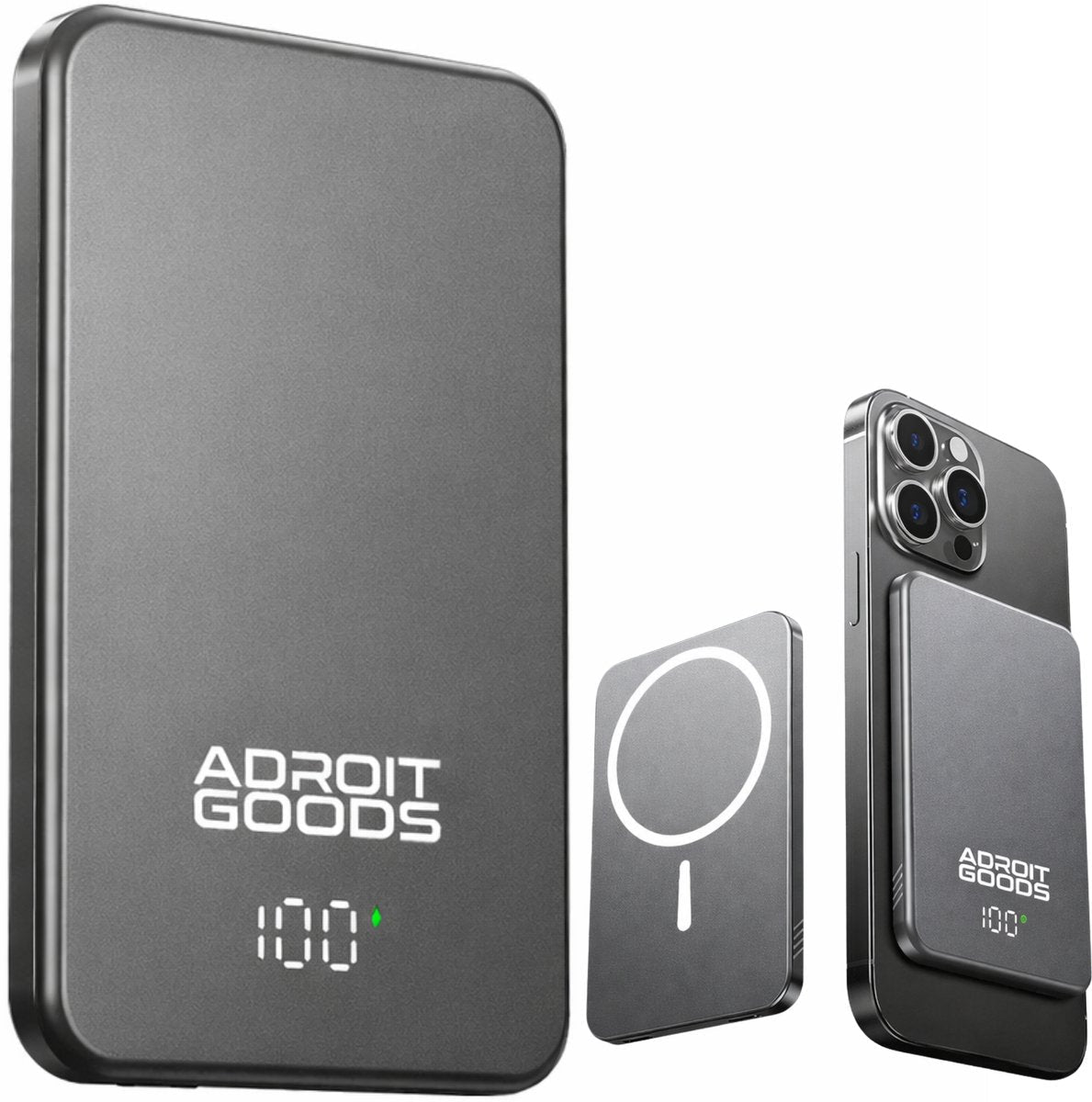 grijze draagbare powerbank met digitaal display en magneet voor smartphone bevestiging