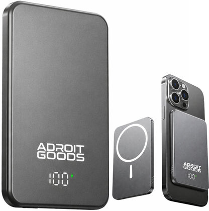 grijze draagbare powerbank met digitaal display en magneet voor smartphone bevestiging