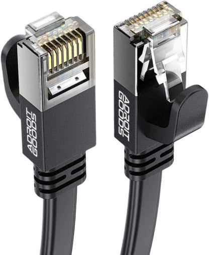 twee zwarte netwerkkabels met doorzichtige connectoren en merknaam Adroit Goods zichtbaar