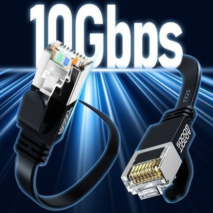 Zwarte netwerkkabel met RJ45 connectoren geschikt voor snelheden tot 10 Gbps.