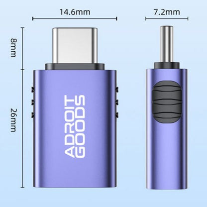 paarse usb-c adapter met afmetingen 26x14.6x8 mm en zwarte grip voor betere handling