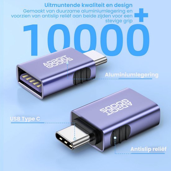 Close-up van paarse USB Type C adapter van aluminium met antislip reliëf voor stevige grip