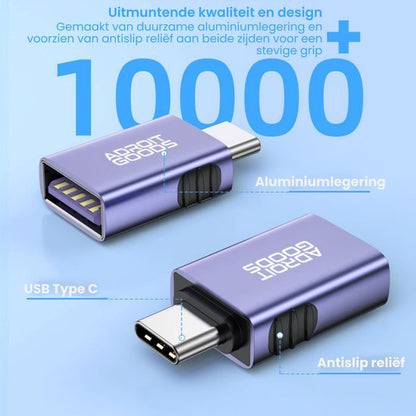 Close-up van paarse USB Type C adapter van aluminium met antislip reliëf voor stevige grip
