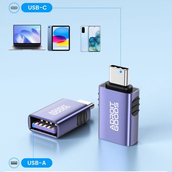 paarse USB-C naar USB-A adapter met schuifknop en moderne elektronische apparaten op achtergrond