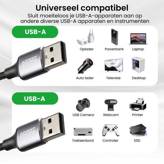 Universele USB-A kabel compatibel met oplader, laptop, camera, controller en meer apparaten