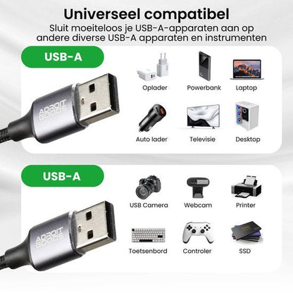 Universele USB-A kabel compatibel met oplader, laptop, camera, controller en meer apparaten