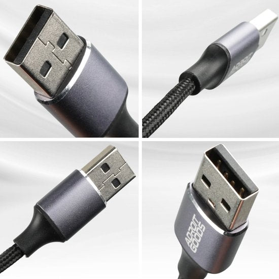 Duurzame USB-kabel met gevlochten hoes en metalen connectoren in close-up vanuit verschillende hoeken