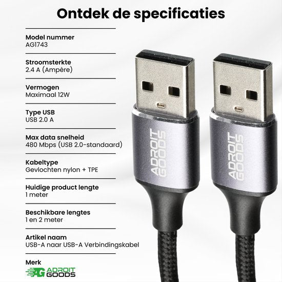 Twee USB-A kabels met gevlochten nylon omhulsel en AdroitGoods merknaam zichtbaar