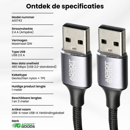 Twee USB-A kabels met gevlochten nylon omhulsel en AdroitGoods merknaam zichtbaar