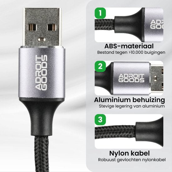USB-kabel met ABS-materiaal, aluminium behuizing en robuuste gevlochten nylon kabel