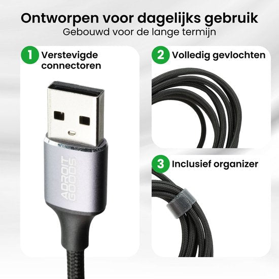 USB-kabel met versterkte connector, volledig gevlochten en inclusief organizer voor kabels