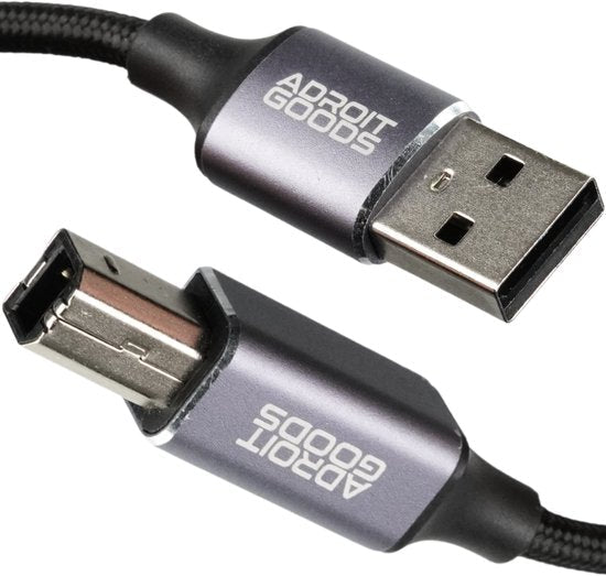 USB-kabel met AdroitGoods branding met USB-A en mini USB connectoren in grijs zwart