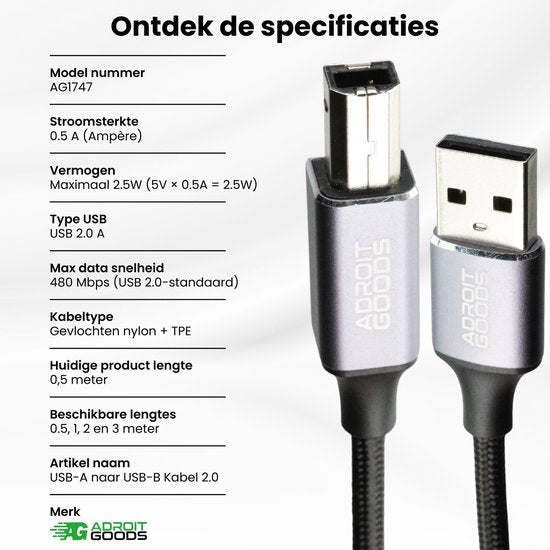Twee USB-kabels met nylon gevlochten kabel en technische specificaties in het Nederlands zichtbaar