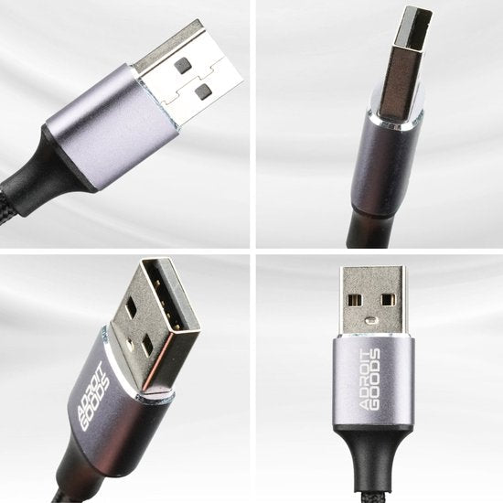 gedetailleerde close-up van een USB-kabel met metalen behuizing en zwart snoer