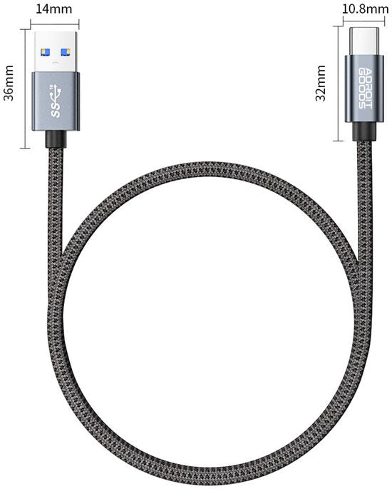 Zwarte gevlochten USB-A naar USB-C kabel met metalen uiteinden en blauwe accentkleur.
