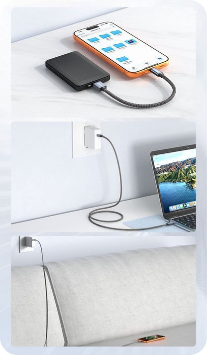 Flexibele oplaadkabel verbonden met verschillende apparaten zoals smartphone en laptop in diverse situaties.