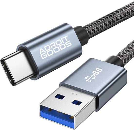 blauwe usb-c naar usb 3.0 kabel met gevlochten buitenkant en AdroitGoods merklogo