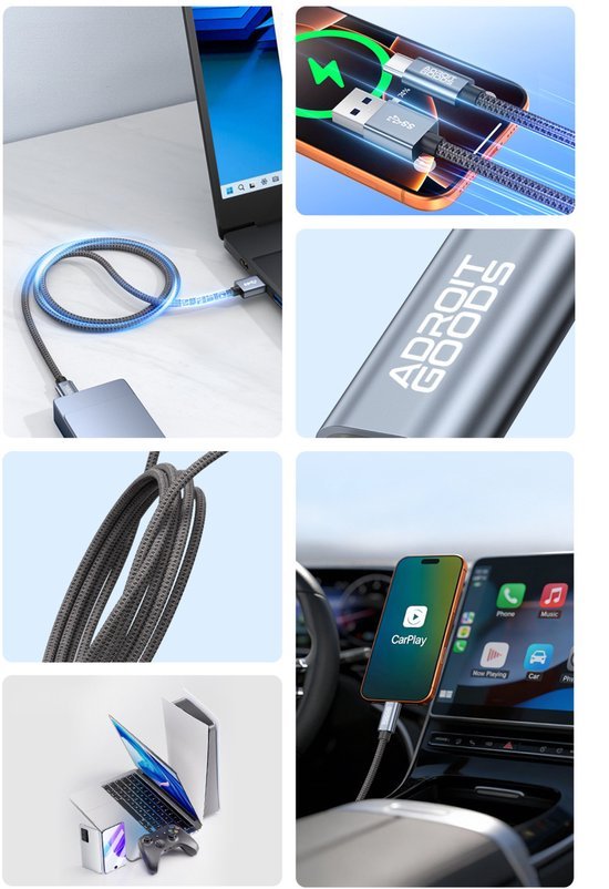 Duurzame AdroitGoods oplaadkabel voor snelle en veilige verbinding met diverse apparaten.