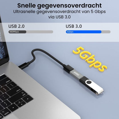 USB 3.0 kabel verbonden met laptop en USB-stick voor ultrasnelle gegevensoverdracht van 5 Gbps