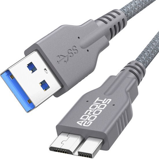 Grijs gevlochten USB-kabel met USB-A en micro-USB connectoren, merk AdroitGoods