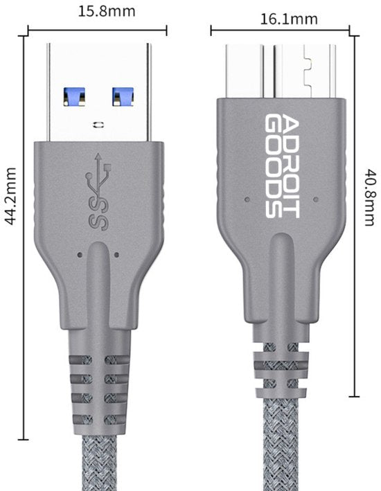 grijze Adroit Goods USB-kabel met gevlochten kabel en precieze afmetingen zichtbaar